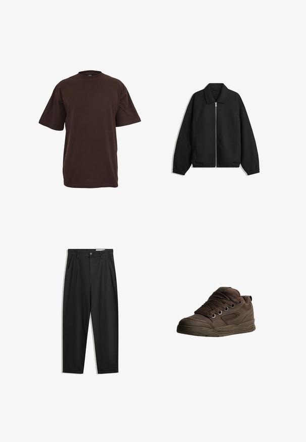 Jachetă neagră dintr-un material texturat, cu fermoar frontal complet, guler și manșete elastice, având o croială lejeră și buzunare laterale.; Tricou din bumbac maro cu mâneci scurte, guler rotund și o croială lejeră. Textură netedă, fără modele sau accente vizibile.; Pantaloni negri din bumbac cu croială lejeră, având un brâu clasic, plii frontale și buzunare laterale. Textură netedă fără modele.; Pantofi sport maro din material sintetic neted. Prezintă șireturi groase, accente din plasă, guler căptușit și talpă din cauciuc texturat.