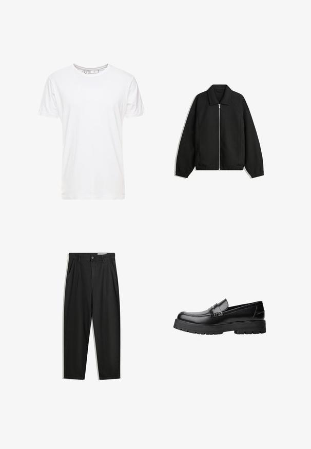 Black jacket made of textured fabric, featuring a full front zip, collar, and elastic cuffs with a relaxed fit and side pockets.; White organic cotton T-shirt with a crew neckline, short sleeves, and a relaxed fit. Label visible inside collar, no patterns or logos.; Black cotton trousers with a relaxed fit, featuring a classic waistband, front pleats, and side pockets. Smooth texture without patterns.; Black leather loafer with chunky treaded sole and decorative strap across the upper, shown in left side profile on white background.