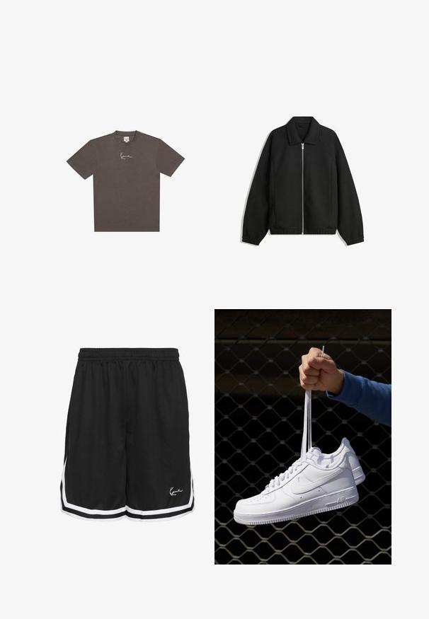 Fekete kabát texturált anyagból, teljes elöl cipzárral, gallérral és rugalmas mandzsettákkal, laza szabással és oldalsó zsebekkel.; Sötét szürke pamut póló kerek nyakkivágással, rövid ujjakkal, és fehér aláírás grafika a mellkas bal oldalán.; Fekete sportnadrág, gumírozott derékkal, fehér oldalsávokkal és logóval az alsó jobb elülső részen. Enyhén textúrázott anyag.; Fehér bőr sportcipők perforációval, kerek orral, lapos talppal és vastag fűzőkkel, látható swoosh logóval és "AIR" felirattal a sarokrészen.