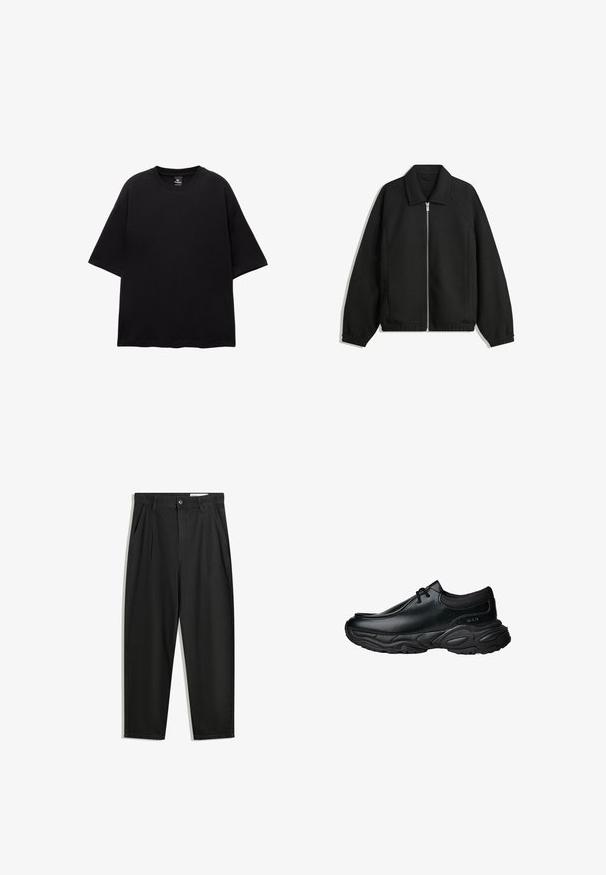 Črna jakna iz teksturirane tkanine, z dvostranskim zadrgo spredaj, ovratnikom in elastičnimi manšeti, sproščenega kroja in stranskimi žepi.; Črna oversize majica iz bombaža. Kratki rokavi, okrogla izrez in ravno dno. Brez vzorcev ali okrasnih elementov. Preprost in sodoben dizajn.; Črne bombažne hlače s sproščenim krojem, ki vključujejo klasičen pas, sprednje gube in stranske žepke. Gladka tekstura brez vzorcev.; Črne usnjene čevlje za enostavno obuvanje z zaobljenim nosom in debelim strukturiranim gumijastim podplatom. Imajo diskretne šive in elastične dodatke na ovratniku.
