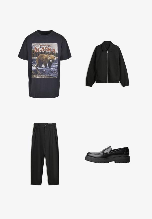 Čierna bunda vyrobená z textúrovaného materiálu, s plným predným zipsom, golierom a elastickými manžetami, so voľnejším strihom a bočnými vreckami.; Čierne bavlnené tričko s grafikou medveďa a ryby, s textom "Aljaška" a "Posledná hranica". Krátke rukávy, voľný strih.; Čierne bavlnené nohavice s voľným strihom, s klasickým pásom, prednými záhybmi a bočnými vreckami. Hladká textúra bez vzorov.; Čierne kožené mokasíny s masívnou podrážkou a dekoratívnym pásom cez hornú časť, zobrazené z ľavého bočného profilu na bielom pozadí.