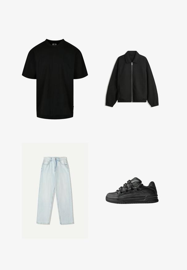 Giacca nera in tessuto texturizzato, con zip frontale a tutta lunghezza, colletto e polsini elasticizzati, dalla vestibilità rilassata e con tasche laterali.; T-shirt nera in cotone, con scollatura rotonda e maniche corte, dal taglio morbido. Design semplice, senza motivi o grafiche.; Jeans in denim azzurro chiaro con una vestibilità comoda, design a gamba dritta, stile a cinque tasche e leggere sfumature sul tessuto.; Sneaker nere con una toma in pelle liscia, dettagli testurizzati e lacci tondi neri e bianchi. Suola spessa in gomma con battistrada gommato.