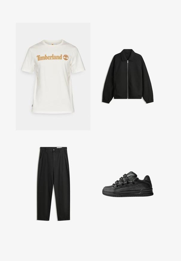 Čierna bunda vyrobená z textúrovaného materiálu, s plným predným zipsom, golierom a elastickými manžetami, so voľnejším strihom a bočnými vreckami.; Biela bavlnená tričko s krátkymi rukávmi a okrúhlym výstrihom. Obsahuje logo "Timberland" v svetlo hnedej farbe so zobrazením stromu.; Čierne bavlnené nohavice s voľným strihom, s klasickým pásom, prednými záhybmi a bočnými vreckami. Hladká textúra bez vzorov.; Čierne tenisky s hladkým koženým zvrškom, štruktúrovanými akcentami a okrúhlymi čierno-bielymi šnúrkami. Hrubá gumená podrážka s vzorovaným dezénom.