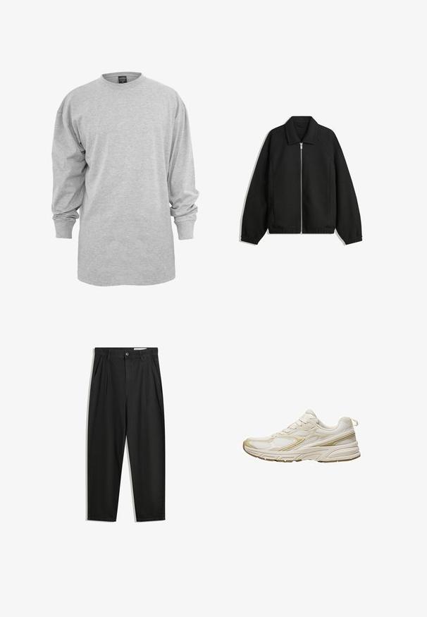 Giacca nera in tessuto texturizzato, con zip frontale a tutta lunghezza, colletto e polsini elasticizzati, dalla vestibilità rilassata e con tasche laterali.; Maglietta a maniche lunghe grigia chiara realizzata in tessuto misto cotone. Presenta un collo a giro e una vestibilità ampia con polsini a coste, senza motivi o decorazioni.; Pantaloni in cotone neri con una vestibilità rilassata, dotati di una vita classica, pieghe frontali e tasche laterali. Tessuto liscio senza fantasie.; Scarpe sportive bianche realizzate in mesh e materiale sintetico, con punta rotonda, suola ammortizzata e accenti beige sui lati.