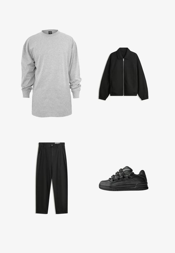 Zwarte jas van textuurstof, met een volledige rits aan de voorkant, een kraag, elastische manchetten, een ontspannen pasvorm en zijzakken.; Lichtgrijze lange mouwen t-shirt, gemaakt van een katoenmix. Heeft een ronde hals en een losse pasvorm met geribbelde manchetten, zonder patronen of accenten.; Zwarte katoenen broeken met een losse pasvorm, voorzien van een klassieke tailleband, voorplooien en zijzakken. Gladde structuur zonder patronen.; Zwarte sneakers met een glad leren bovenwerk, gearceerde accenten en ronde zwart-witte veters. Dikke rubberen zool met een geprofileerd loopvlak.