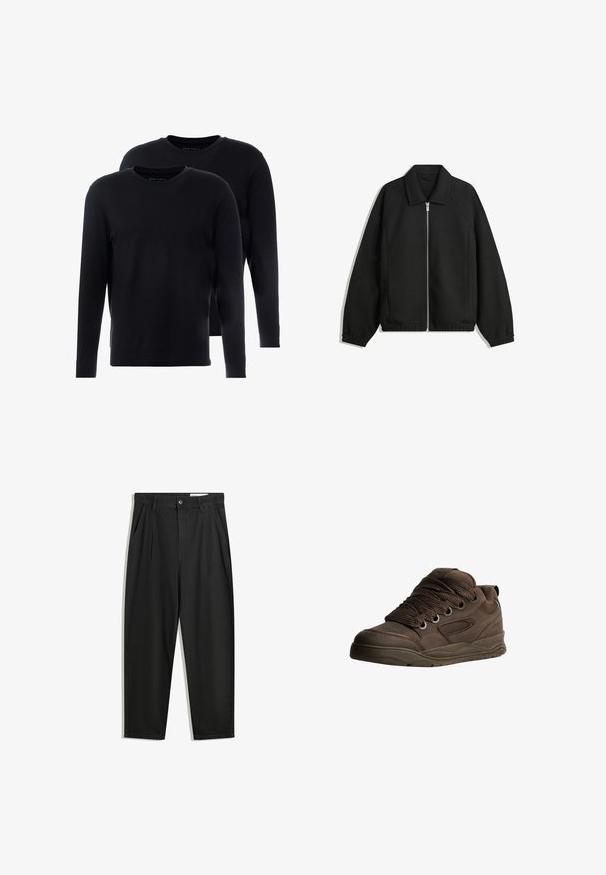 Čierna bunda vyrobená z textúrovaného materiálu, s plným predným zipsom, golierom a elastickými manžetami, so voľnejším strihom a bočnými vreckami.; Čierne tričká s dlhým rukávom vyrobené z jemnej bavlny. Okrúhly výstrih, minimalistický dizajn a štandardný strih. Dve tričká v balení.; Čierne bavlnené nohavice s voľným strihom, s klasickým pásom, prednými záhybmi a bočnými vreckami. Hladká textúra bez vzorov.; Hnedé športové topánky vyrobené z hladkého syntetického materiálu. Vybavené hrubými šnúrkami, mriežkovými akcentmi, vycpaným golierom a textúrovanou gumovou podrážkou.