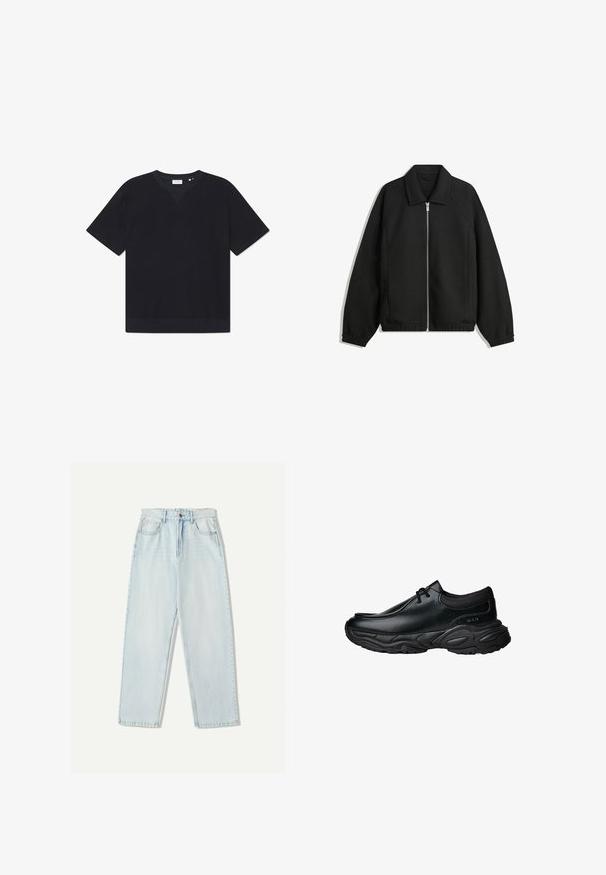 Giacca nera in tessuto texturizzato, con zip frontale a tutta lunghezza, colletto e polsini elasticizzati, dalla vestibilità rilassata e con tasche laterali.; T-shirt nero a maniche corte realizzato in materiale testurizzato, con scollatura rotonda e orlo dritto. Nessun motivo o accenti visibili.; Jeans in denim azzurro chiaro con una vestibilità comoda, design a gamba dritta, stile a cinque tasche e leggere sfumature sul tessuto.; Scarpe slip-on in pelle nera con punta arrotondata e suola in gomma spessa e testurizzata. Presentano cuciture sottili e dettagli in elastico sul colletto.