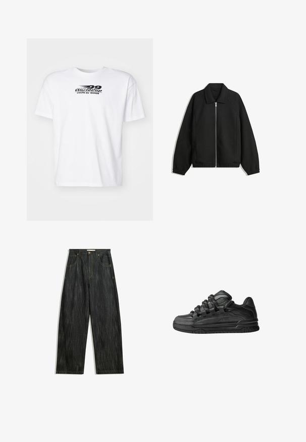 Černá bunda vyrobená z texturované látky, s plným předním zipem, límcem a elastickými manžetami, s volným střihem a bočními kapsami.; Bílý bavlněný tričko s krátkým rukávem, které má černý grafický potisk s nápisem "Table Fussball World Cup Coupe du Monde."; Tmavé džíny s volným střihem, s jemnou vertikální texturou, žlutým prošíváním, pěti kapsami a klasickým zapínáním na knoflík.; Černé tenisky s hladkým koženým svrškem, texturovanými akcenty a kulatými černobílými tkaničkami. Silná gumová podrážka s vzorovaným dezénem.