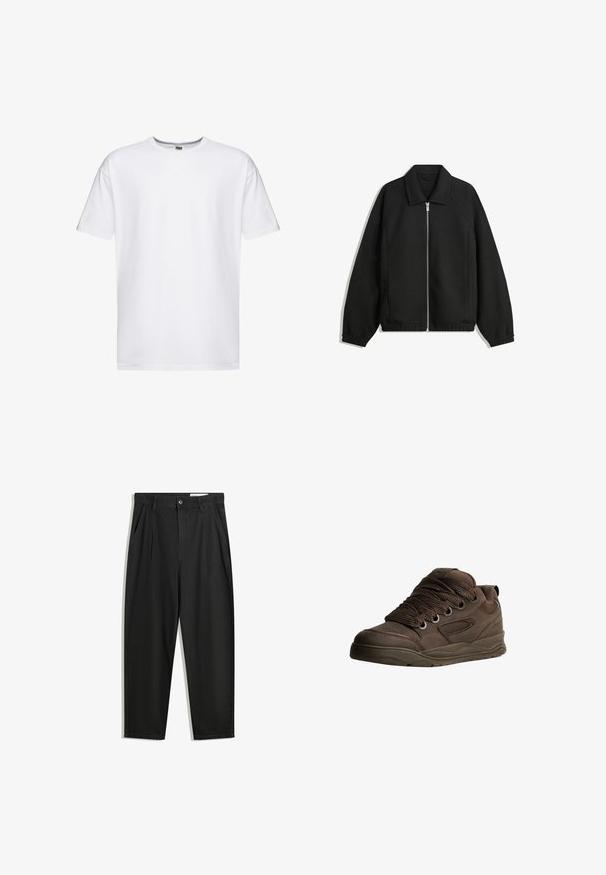 Giacca nera in tessuto texturizzato, con zip frontale a tutta lunghezza, colletto e polsini elasticizzati, dalla vestibilità rilassata e con tasche laterali.; T-shirt bianco in cotone con maniche corte, colletto girocollo e vestibilità ampia. Senza motivi o loghi, texture liscia e lunghezza standard.; Pantaloni in cotone neri con una vestibilità rilassata, dotati di una vita classica, pieghe frontali e tasche laterali. Tessuto liscio senza fantasie.; Scarpe atletiche marroni realizzate in materiale sintetico liscio. Caratterizzate da lacci spessi, dettagli in rete, collo imbottito e suola in gomma testurizzata.