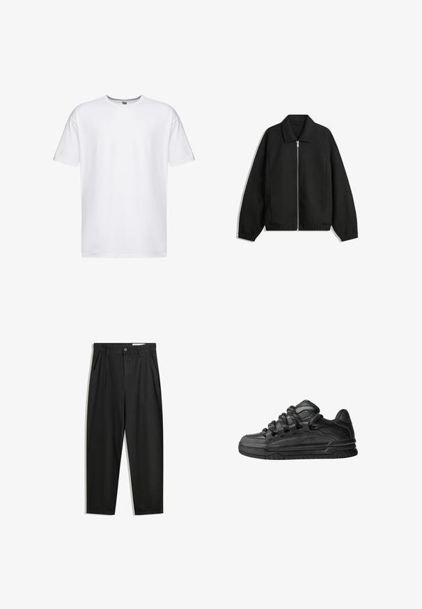 Jachetă neagră dintr-un material texturat, cu fermoar frontal complet, guler și manșete elastice, având o croială lejeră și buzunare laterale.; Tricou alb din bumbac, cu mâneci scurte, guler rotund și croială lejeră. Fără modele sau logo-uri, textură netedă și lungime standard.; Pantaloni negri din bumbac cu croială lejeră, având un brâu clasic, plii frontale și buzunare laterale. Textură netedă fără modele.; Adidași negri cu o parte superioară din piele netedă, accente texturate și șireturi rotunde negre și albe. Talpă groasă din cauciuc cu un profil texturat.