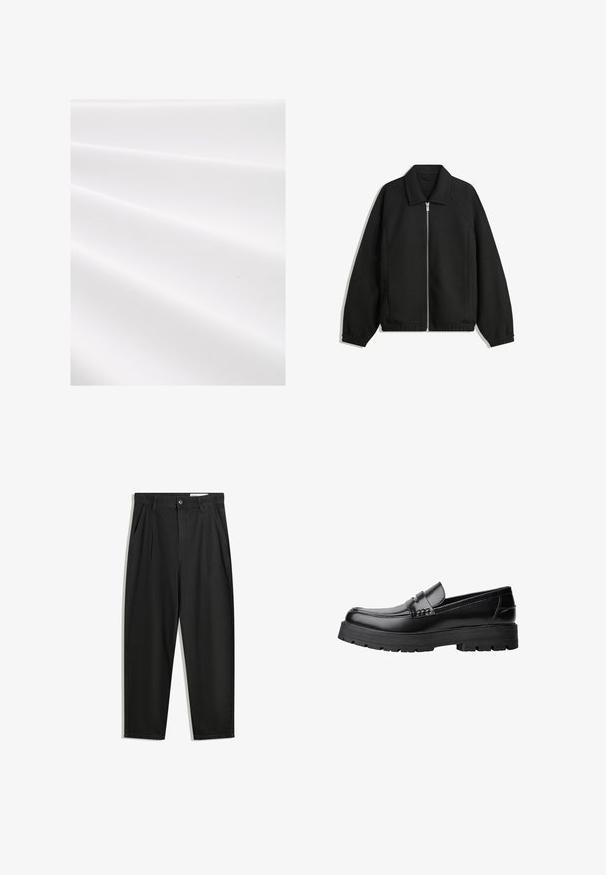 Schwarze Jacke aus strukturiertem Stoff, mit vollem Reißverschluss auf der Vorderseite, Kragen und elastischen Manschetten, im entspannten Schnitt und mit seitlichen Taschen.; Weißer Stoff mit einer strukturierten, gerippten Oberfläche, die sanfte Falten und einen subtilen Glanz zeigt. Glatte Oberfläche ohne sichtbare Muster oder Akzente.; Schwarze Baumwollhose mit lockerem Schnitt, ausgestattet mit einem klassischen Bund, vorderen Falten und Seiten taschen. Glatte Textur ohne Muster.; Schwarzer Lederloafer mit grobem, rutschfestem Sohlenprofil und dekorativem Riemen über der Oberseite, seitlich links auf weißem Hintergrund abgebildet.