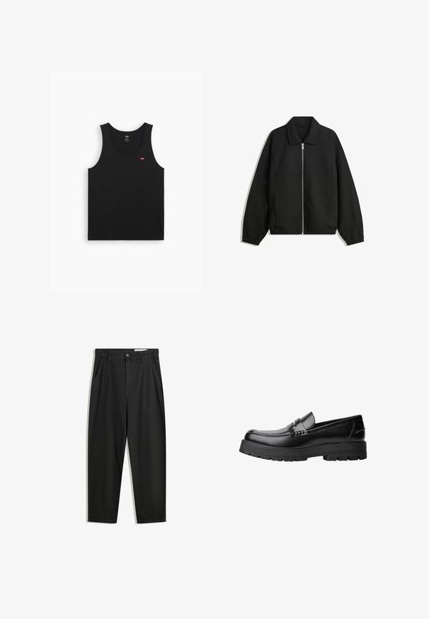 Jachetă neagră dintr-un material texturat, cu fermoar frontal complet, guler și manșete elastice, având o croială lejeră și buzunare laterale.; Top din bumbac negru, cu decolteu rotund și bretele late. Prezentă un mic logo roșu în zona stângă a pieptului. Textură netedă.; Pantaloni negri din bumbac cu croială lejeră, având un brâu clasic, plii frontale și buzunare laterale. Textură netedă fără modele.; Mocasini din piele neagră, cu talpă groasă și profilată și bandă decorativă pe partea superioară, prezentati din profil stâng pe fundal alb.