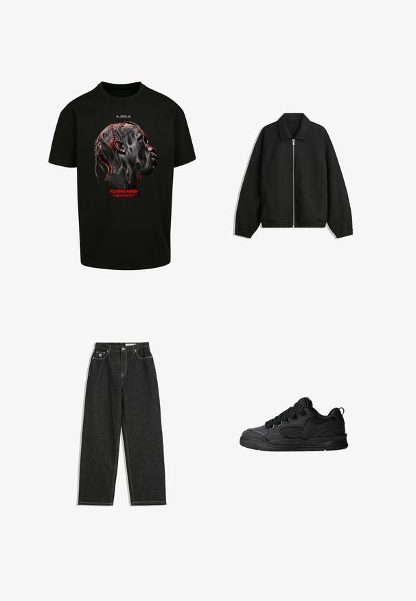 Musta takki, joka on valmistettu teksturoidusta kankaasta ja jossa on koko etuvetoketju, kaulus ja joustavat hihansuut. Takissa on rento istuvuus ja sivutaskut.; Mustat puuvillapaita, jossa on graafinen tyylitelty kasvokuvasto harmaan ja punaisen sävyissä, sekä punainen teksti "FLYING HIGH" alla.; Mustat suorat farkut valkoisella ompelella, viisi taskua, nappi- ja vetoketjukiinnitys sekä pieni logo etu-oikeassa taskussa.; Mustat tennarit, joissa on teksturoitu päällyspinta, nauhat, verkkokohdat hengittävyyttä varten, pehmeä kaulus ja kestävä pohja.