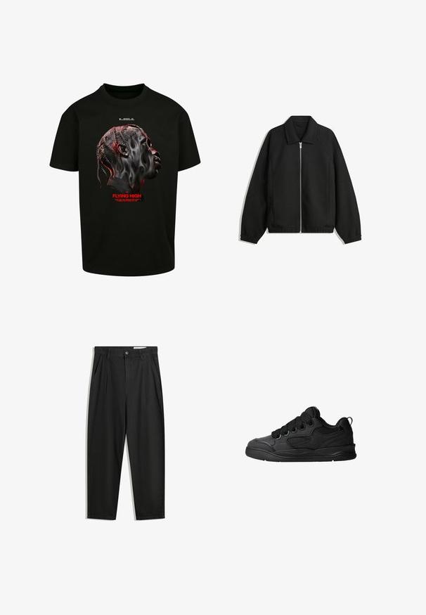 Sort jakke lavet af struktureret stof, med fuld frontlynlås, krave og elastiske mansjetter, i en afslappet pasform og sidelommer.; Sort bomulds T-shirt med et grafik af et stiliseret ansigt i nuancer af grå og rød, med rød tekst der læser "FLYING HIGH" nedenfor.; Sorte bomuldsbukser med en afslappet pasform, der har en klassisk talje, frontfolder og sidelommer. Glat tekstur uden mønstre.; Sorte sneakers med en struktureret overdel, som har snørebånd, meshdetaljer for åndbarhed, polstret krave og en robust ydersål.