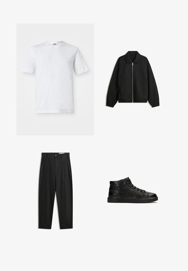 Black jacket made of textured fabric, featuring a full front zip, collar, and elastic cuffs with a relaxed fit and side pockets.; White cotton t-shirt with short sleeves, crew neckline, and a smooth texture. No patterns or accents are visible.; Black cotton trousers with a relaxed fit, featuring a classic waistband, front pleats, and side pockets. Smooth texture without patterns.; Black high-top sneaker made of smooth leather with a textured finish, featuring lace-up closure and a sturdy rubber sole.