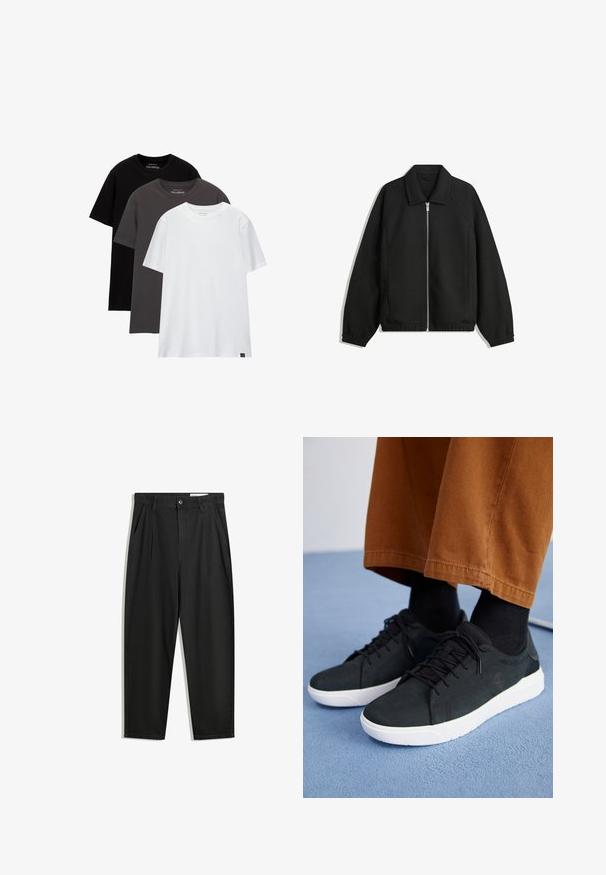 Sort jakke lavet af struktureret stof, med fuld frontlynlås, krave og elastiske mansjetter, i en afslappet pasform og sidelommer.; Tre regular-fit t-shirts stablet. Farver: sort, mørkegrå og hvid. Fremstillet af bomuldsmateriale med korte ærmer og rund hals. Minimal branding.; Sorte bomuldsbukser med en afslappet pasform, der har en klassisk talje, frontfolder og sidelommer. Glat tekstur uden mønstre.; Sorte ruskinds sneakers med hvide gummisulder, med snørebånd-design, teksturerede detaljer og diskret branding, parret med brune bukser.