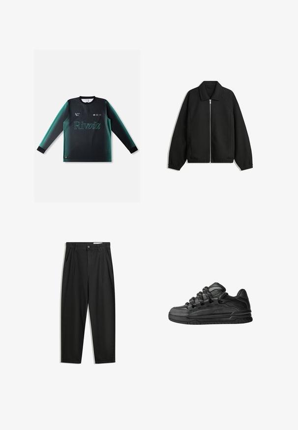 Musta takki, joka on valmistettu teksturoidusta kankaasta ja jossa on koko etuvetoketju, kaulus ja joustavat hihansuut. Takissa on rento istuvuus ja sivutaskut.; Pitkähihainen paita liukuvärjätty mustan ja sinivihreän sävyissä, jossa on pyöreä kaula-aukko, teksturoitu kangas ja etupuolella vaaleanvihreä "Rivvia"-logo.; Mustat puuvillahousut rentoa mallia, joissa on klassinen vyötärö, etukangastukset ja sivutaskut. Sileä pinta ilman kuvioita.; Mustat tennarit, joissa on sileä nahkapinta, teksturoituja yksityiskohtia ja pyöreät musta-valkoiset nauhat. Paksu kumipohja, jossa on kuvioitu pinta.