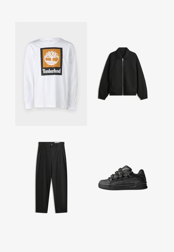 Musta takki, joka on valmistettu teksturoidusta kankaasta ja jossa on koko etuvetoketju, kaulus ja joustavat hihansuut. Takissa on rento istuvuus ja sivutaskut.; Timberland COLORED LONG SLEEVE TEE - Pitkähihainen paita - white; Mustat puuvillahousut rentoa mallia, joissa on klassinen vyötärö, etukangastukset ja sivutaskut. Sileä pinta ilman kuvioita.; Mustat tennarit, joissa on sileä nahkapinta, teksturoituja yksityiskohtia ja pyöreät musta-valkoiset nauhat. Paksu kumipohja, jossa on kuvioitu pinta.