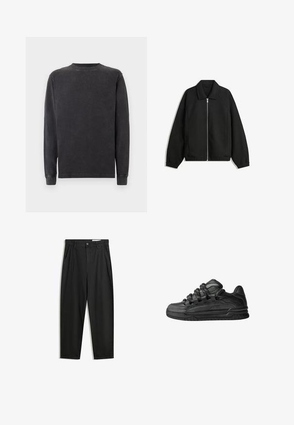 Crna jakna izrađena od teksturirane tkanine, s punim prednjim zatvaračem, ovratnikom i elastičnim manžetama, opuštenog kroja i bočnim džepovima.; Dugi rukav, majica s okruglim izrezom u tamnosivoj boji, napravljena od meke mješavine pamuka. Ima rebraste manšete i izrez s glatkom, lagano teksturiranom završnom obradom.; Crne pamučne hlače s opuštenim krojem, s klasičnim pojasom, prednjim nabranjima i bočnim džepovima. Glatka tekstura bez uzoraka.; Crne tenisice s glatkom kožnom gornjom površinom, teksturiranim detaljima i okruglim crnim i bijelim vezicama. Debeli gumeni potplat s uzorkom.