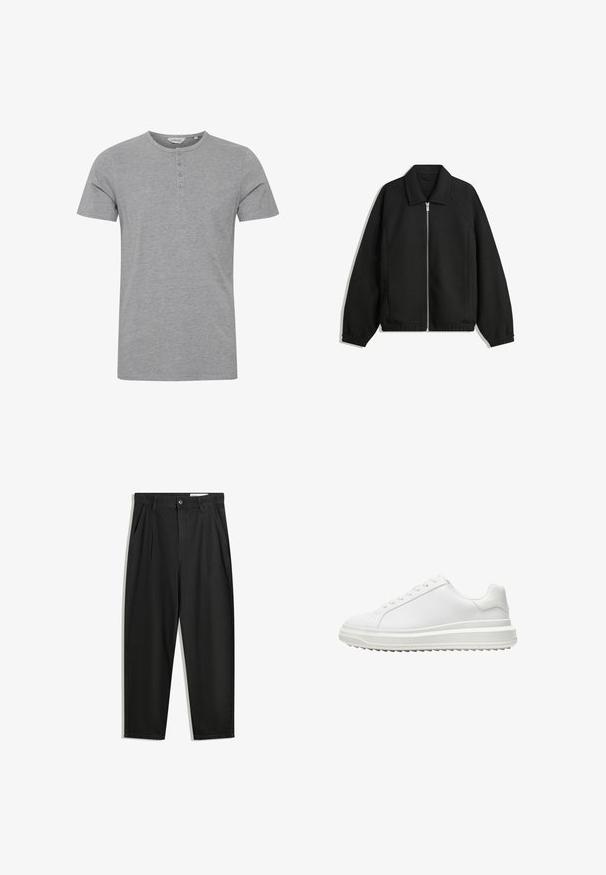 Černá bunda vyrobená z texturované látky, s plným předním zipem, límcem a elastickými manžetami, s volným střihem a bočními kapsami.; Šedé tričko s krátkým rukávem vyrobené z jemné tkaniny, s kulatým výstřihem a s detailem čtyř knoflíků na přední straně.; Černé bavlněné kalhoty s uvolněným střihem, klasickým pasem, předními záhyby a bočními kapsami. Hladká textura bez vzorů.; Bílé tenisky s hladkým syntetickým svrškem, kulatou špičkou, plochými tkaničkami, texturovanou podrážkou a vrstveným designem platformy pro zvýšení výšky.