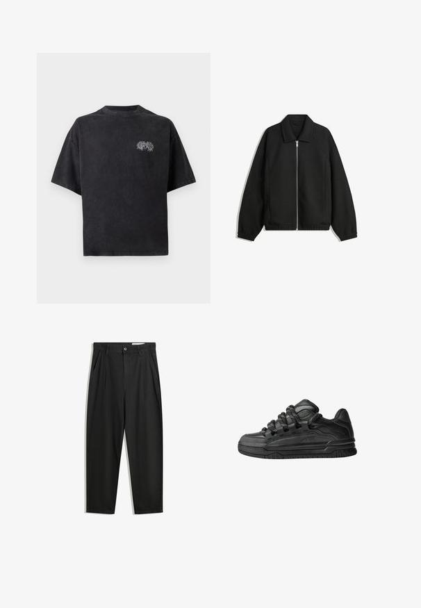 Jachetă neagră dintr-un material texturat, cu fermoar frontal complet, guler și manșete elastice, având o croială lejeră și buzunare laterale.; T-shirt neagră, oversized, din bumbac, cu guler rotund. Dispune de un design brodat alb pe pieptul stâng. Mâneci scurte.; Pantaloni negri din bumbac cu croială lejeră, având un brâu clasic, plii frontale și buzunare laterale. Textură netedă fără modele.; Adidași negri cu o parte superioară din piele netedă, accente texturate și șireturi rotunde negre și albe. Talpă groasă din cauciuc cu un profil texturat.