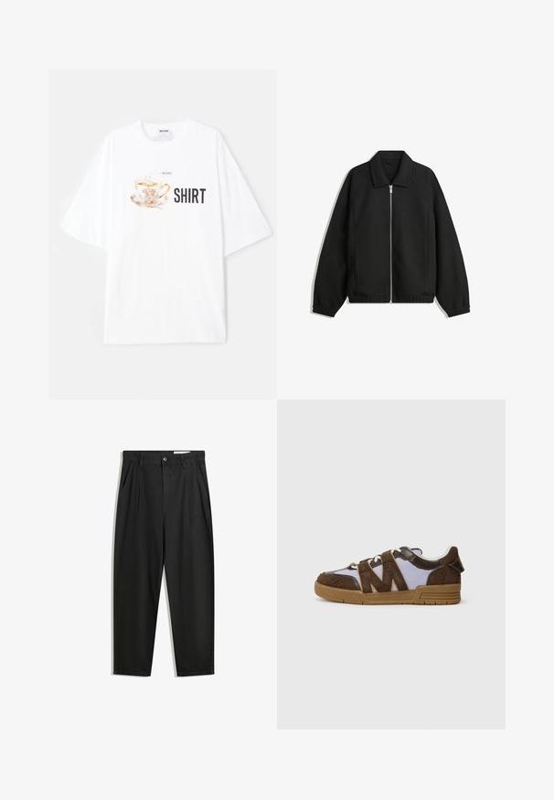 Černá bunda vyrobená z texturované látky, s plným předním zipem, límcem a elastickými manžetami, s volným střihem a bočními kapsami.; Bílý oversized tričko s barevným grafickým motivem šálku čaje a květinovými detaily, pod nímž je v tučných černých písmenech napsáno "TRIČKO".; Černé bavlněné kalhoty s uvolněným střihem, klasickým pasem, předními záhyby a bočními kapsami. Hladká textura bez vzorů.; Tenisky s hnědým nubukovým svrškem, béžovými síťovinovými panely a gumovou podrážkou. Výrazný cik-cak design na stranách. Šněrování.