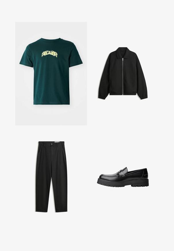 Čierna bunda vyrobená z textúrovaného materiálu, s plným predným zipsom, golierom a elastickými manžetami, so voľnejším strihom a bočnými vreckami.; Tmavohnedé bavlnené tričko s okrúhlym výstrihom a krátkymi rukávmi. Na hrudi sa nachádza žltý grafický dizajn. Hladká textúra.; Čierne bavlnené nohavice s voľným strihom, s klasickým pásom, prednými záhybmi a bočnými vreckami. Hladká textúra bez vzorov.; Čierne kožené mokasíny s masívnou podrážkou a dekoratívnym pásom cez hornú časť, zobrazené z ľavého bočného profilu na bielom pozadí.