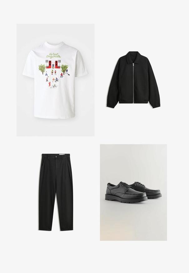 Črna jakna iz teksturirane tkanine, z dvostranskim zadrgo spredaj, ovratnikom in elastičnimi manšeti, sproščenega kroja in stranskimi žepi.; Bela bomba iz bombaža z barvitim grafičnim prikazom ljudi, dreves in odra, z napisom "novi izvirniki" v zeleni barvi nad obliko.; Črne bombažne hlače s sproščenim krojem, ki vključujejo klasičen pas, sprednje gube in stranske žepke. Gladka tekstura brez vzorcev.; Črne usnjene čevlje z teksturirano zgornjo plastjo, okroglo toe, zavezovanjem in debelim gumijastim podplatom, ki ima vzorčno podlago.