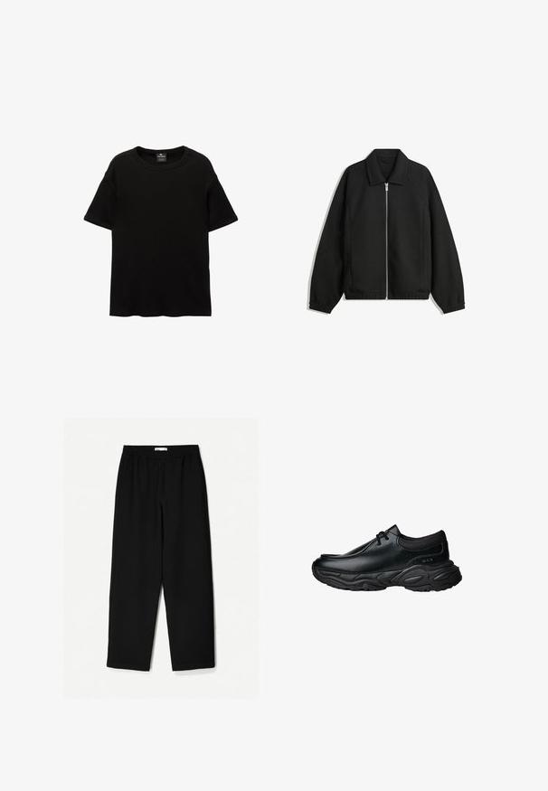 Jachetă neagră dintr-un material texturat, cu fermoar frontal complet, guler și manșete elastice, având o croială lejeră și buzunare laterale.; Tricou scurt negru din bumbac. Prezintă un guler rotund și o croială lejeră, cu o textură netedă și fără modele sau accente vizibile.; Pantaloni negri, largi, confecționați dintr-un material ușor. Au o talie elastică și o textură netedă. Fără modele vizibile sau accesorii metalice.; Pantofi negri din piele, tip slip-on, cu vârf rotunjit și talpă din cauciuc texturat, gros. Prezintă cusături fine și accente elastice la guler.