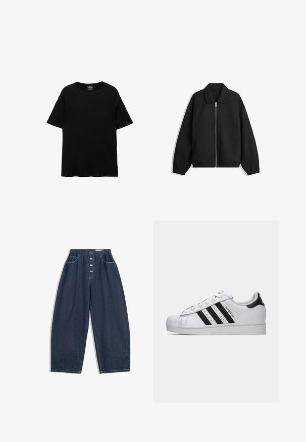 Musta takki, joka on valmistettu teksturoidusta kankaasta ja jossa on koko etuvetoketju, kaulus ja joustavat hihansuut. Takissa on rento istuvuus ja sivutaskut.; Mustat lyhythihaiset T-paidat, jotka on valmistettu puuvillasta. Ominaisuuksiin kuuluu pyöreä kaula-aukko ja rento istuvuus, sileä pinta ja ilman näkyviä kuvioita tai yksityiskohtia.; Tummansiniset farkkuliivihousut, joissa on korkea vyötärö, viiden napin sulkumekanismi ja viisi taskua. Housuissa on ompeluaksentteja saumoissa.; Valkoiset Adidas Superstar -lenkkarit mustilla raidoilla, kuorikärjellä ja "Superstar" -tekstillä sivussa, esitettynä vasemmasta profiilista valkoista taustaa vasten.