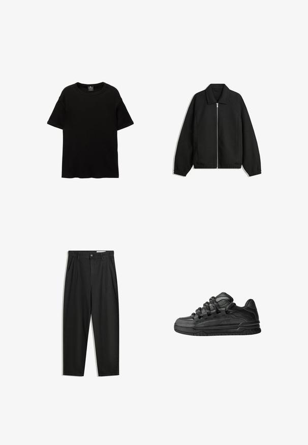 Črna jakna iz teksturirane tkanine, z dvostranskim zadrgo spredaj, ovratnikom in elastičnimi manšeti, sproščenega kroja in stranskimi žepi.; Črna kratka majica s kratkimi rokavi iz bombaža. Ima okrogel izrez in sproščeno prileganje, z gladko teksturo in brez vidnih vzorcev ali akcentov.; Črne bombažne hlače s sproščenim krojem, ki vključujejo klasičen pas, sprednje gube in stranske žepke. Gladka tekstura brez vzorcev.; Črne superge z gladkim usnjenim zgornjim delom, teksturiranimi detajli in okroglimi črnimi ter belimi vezalkami. Debel gumijast podplat z vzorčastim profilom.