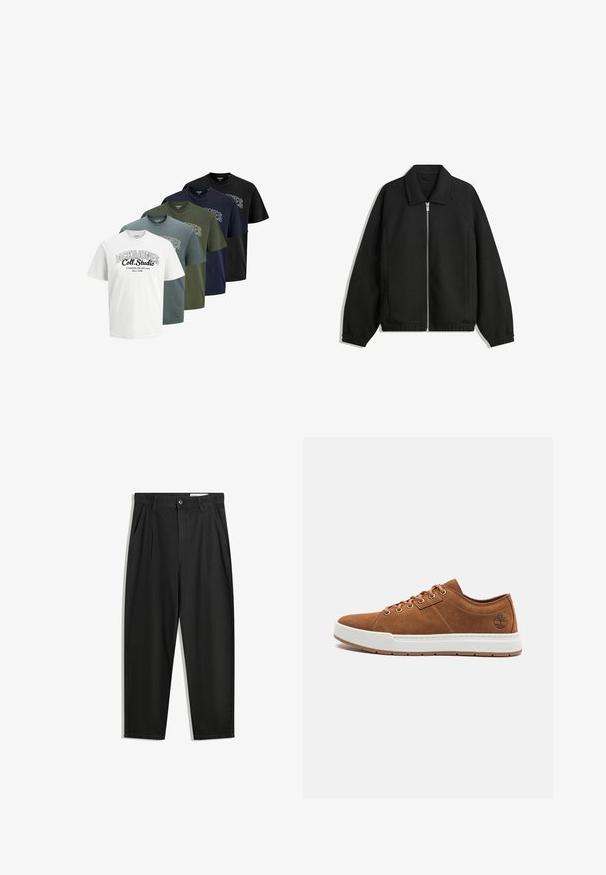 Schwarze Jacke aus strukturiertem Stoff, mit vollem Reißverschluss auf der Vorderseite, Kragen und elastischen Manschetten, im entspannten Schnitt und mit seitlichen Taschen.; Fünf gefaltete T-Shirts mit kurzem Ärmel und Rundhalsausschnitt in Weiß, Blau, Grün, Marineblau und Schwarz, mit dem Aufdruck "JACK & JONES Coll. Studio" auf der Vorderseite.; Schwarze Baumwollhose mit lockerem Schnitt, ausgestattet mit einem klassischen Bund, vorderen Falten und Seiten taschen. Glatte Textur ohne Muster.; Braune Wildleder-Sneaker mit weißer Gummisohle, runder Zehenform, sechs Metallösen und geprägtem Logodetail an der Seite. Klassisches Schnürdesign.