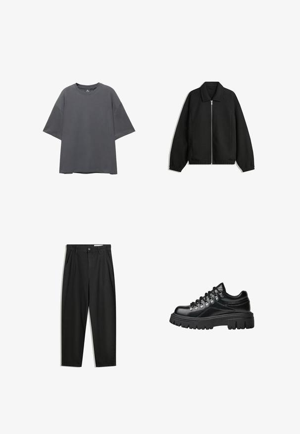 Črna jakna iz teksturirane tkanine, z dvostranskim zadrgo spredaj, ovratnikom in elastičnimi manšeti, sproščenega kroja in stranskimi žepi.; Siva prevelika majica, kratki rukavi, okrugli izrez, pamuk-poliester tkanina, gladka tekstura, minimalistički dizajn bez uzoraka ili akcenata.; Črne bombažne hlače s sproščenim krojem, ki vključujejo klasičen pas, sprednje gube in stranske žepke. Gladka tekstura brez vzorcev.; Črne pohodniške čevlje z debelim podplatom iz usnja, opremljene z kovinskimi večji in debelimi črnimi vezalkami, stranski pogled na belih ozadju.