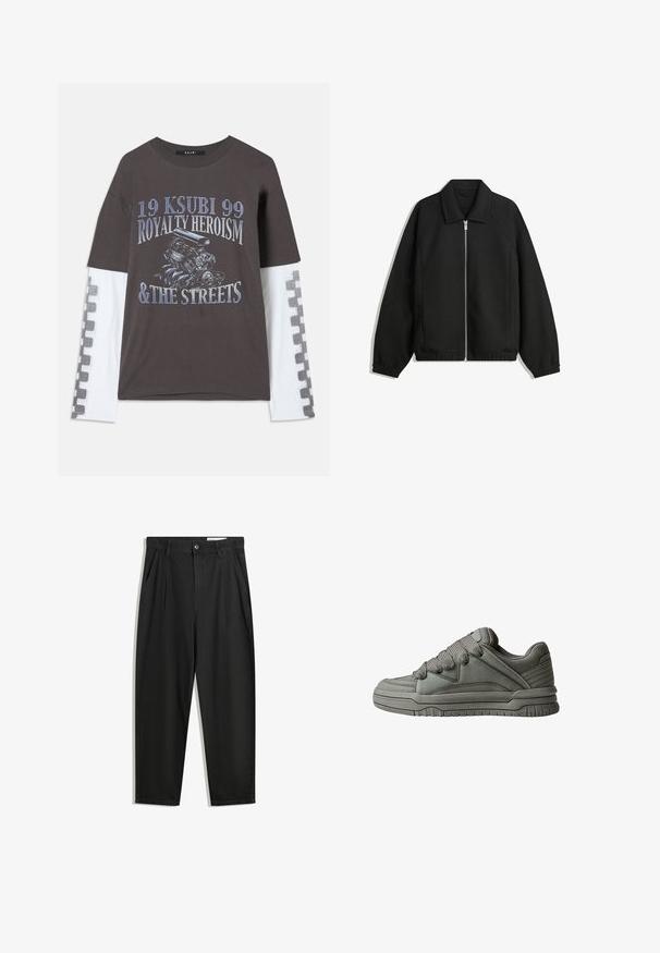 Sort jakke lavet af struktureret stof, med fuld frontlynlås, krave og elastiske mansjetter, i en afslappet pasform og sidelommer.; Mørkegrå t-shirt med lange hvide ærmer, prydet med grafisk tryk af en motor og tekst i blå. Ternet mønster langs ærmerne.; Sorte bomuldsbukser med en afslappet pasform, der har en klassisk talje, frontfolder og sidelommer. Glat tekstur uden mønstre.; Grå atletisk sko med struktureret læder og mesh-overdel, tyk gummisål og fremtrædende polstret tunge og sider. Snørebånd og sidelogo inkluderet.