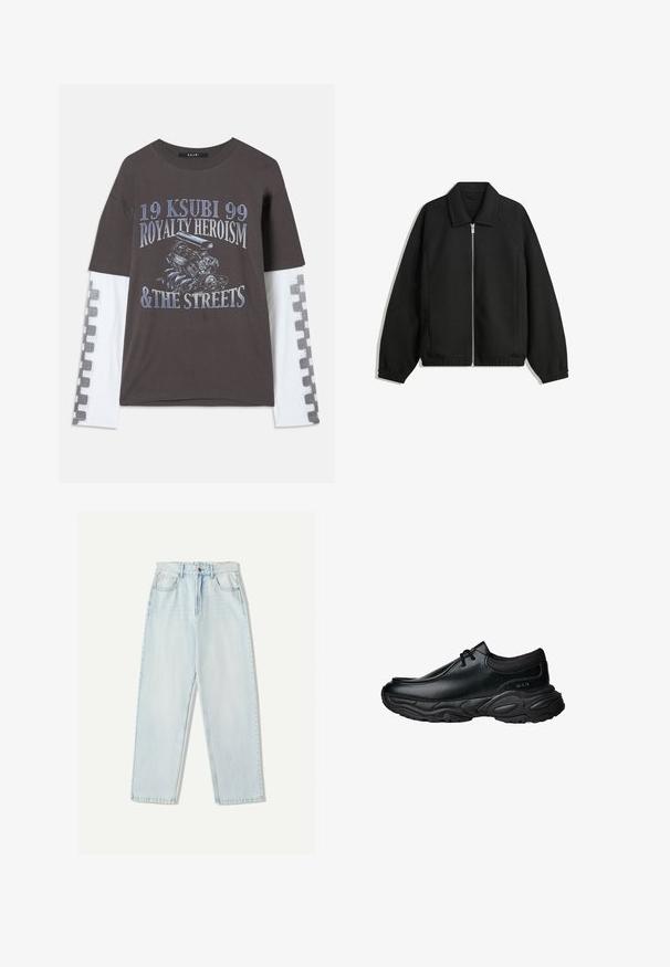Sort jakke lavet af struktureret stof, med fuld frontlynlås, krave og elastiske mansjetter, i en afslappet pasform og sidelommer.; Mørkegrå t-shirt med lange hvide ærmer, prydet med grafisk tryk af en motor og tekst i blå. Ternet mønster langs ærmerne.; Lys blå denim jeans med en afslappet pasform, lige ben design, fem-lomme stil og subtil falmning på stoffet.; Sorte læder slip-on sko med rund tå og tykk tekstureret gummisål. Har diskret syninger og elastiske detaljer ved kraven.