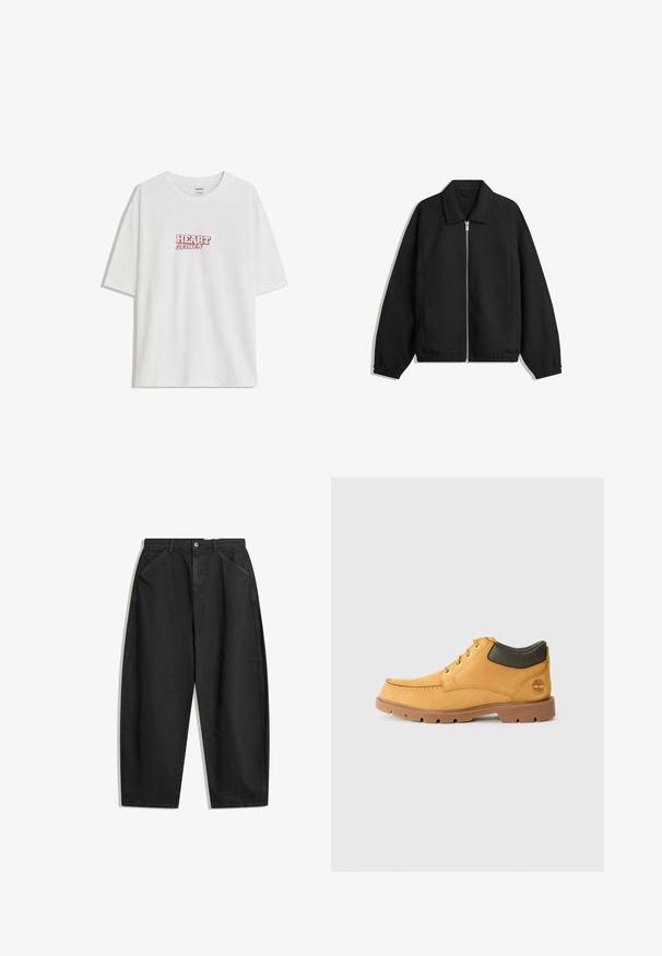 Czarna kurtka z teksturowanej tkaniny, z pełnym zamkiem z przodu, kołnierzem i elastycznymi mankietami, o luźnym kroju i kieszeniach po bokach.; Biała bawełniana koszulka z luźnym fasonem, z czerwonym napisem "HEART struck" umieszczonym na środku klatki piersiowej. Krótkie rękawy i okrągły dekolt.; Czarne spodnie szerokie w nogawkach wykonane z bawełny, z wysokim stanem, kieszeniami z przodu oraz subtelnymi detalami przeszycia. Gładka tekstura bez wzorów.; Żółty skórzany but z brązową gumową podeszwą, okrągłym czubkiem i zielonym skórzanym detalem w okolicy kostki. Posiada złote oczka i akcenty nitkowe.