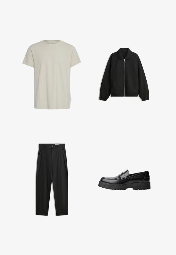 Sort jakke lavet af struktureret stof, med fuld frontlynlås, krave og elastiske mansjetter, i en afslappet pasform og sidelommer.; Lys beige bomulds t-shirt med rund hals og korte ærmer. Har et lille logo på brystet og en lige kant. Glat tekstur.; Sorte bomuldsbukser med en afslappet pasform, der har en klassisk talje, frontfolder og sidelommer. Glat tekstur uden mønstre.; Sort læderloafer med kraftig sål og dekorativ rem henover, vist i venstre sideprofil på hvid baggrund.