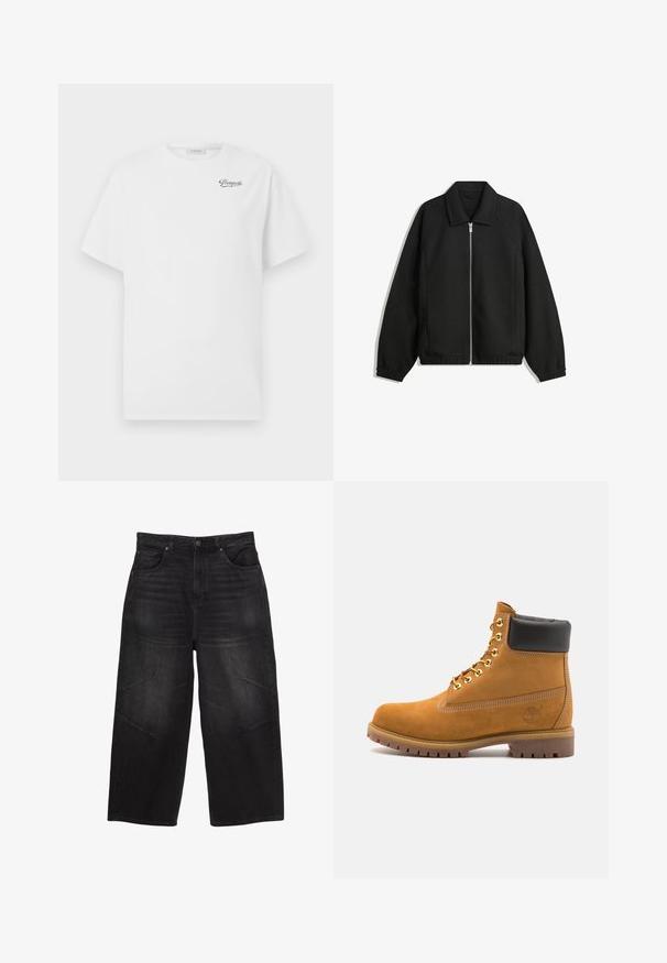Czarna kurtka z teksturowanej tkaniny, z pełnym zamkiem z przodu, kołnierzem i elastycznymi mankietami, o luźnym kroju i kieszeniach po bokach.; Biała bawełniana koszulka z krótkim rękawem i okrągłym dekoltem, z czarnym logo "Pompeii" na lewej piersi. Miękka, gładka struktura.; Czarne dżinsowe spodnie o szerokich nogawkach z wysokim stanem, pięcioma kieszeniami, subtelnym przetarciem i przeszyciami na zewnętrznych udach.; Beżowe zamszowe botki sięgające kostki z czarną wyściełaną krawędzią, złotymi oczkami, białymi detalami szycia oraz wytrzymałą gumową podeszwą z wyraźnym bieżnikiem.