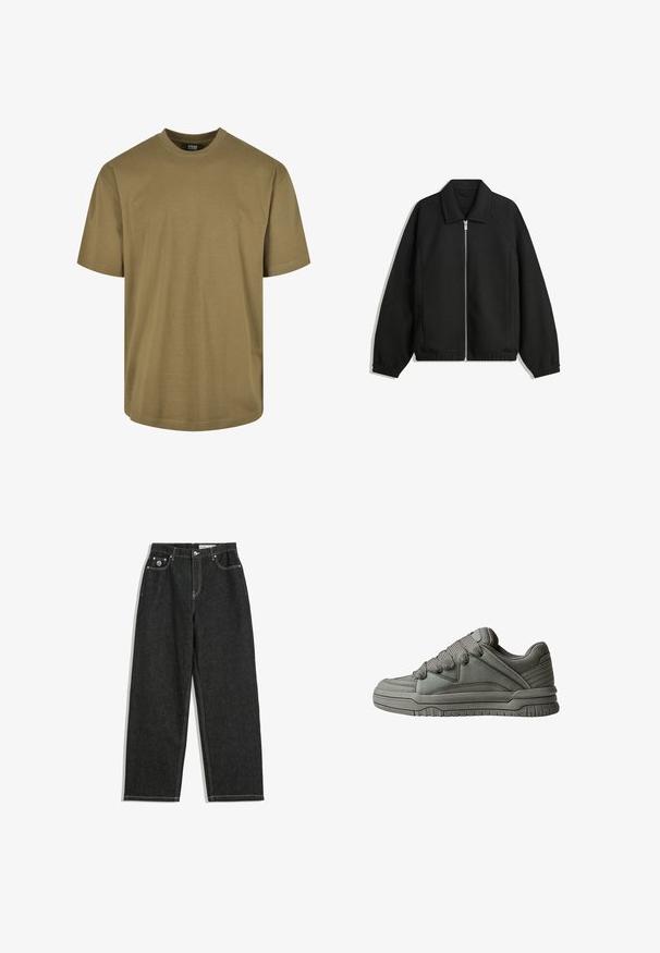 Fekete kabát texturált anyagból, teljes elöl cipzárral, gallérral és rugalmas mandzsettákkal, laza szabással és oldalsó zsebekkel.; Olíva zöld póló, rövid ujjaival, kerek nyakkivágással, pamut anyagból készült, sima kialakítással, minta vagy díszítések nélkül.; Fekete, egyenes szárú farmernadrág fehér varrással, öt zsebes kialakítással, gombbal és cipzárral záródik, valamint egy kis logó található a jobb elülső zseben.; Szürke sportcipő, texturált bőr és hálós felsőrésszel, vastag gumitalppal, valamint kiemelkedő párnázott nyelvvel és oldalakkal. Fűzők és oldalhúzások is tartoznak hozzá.