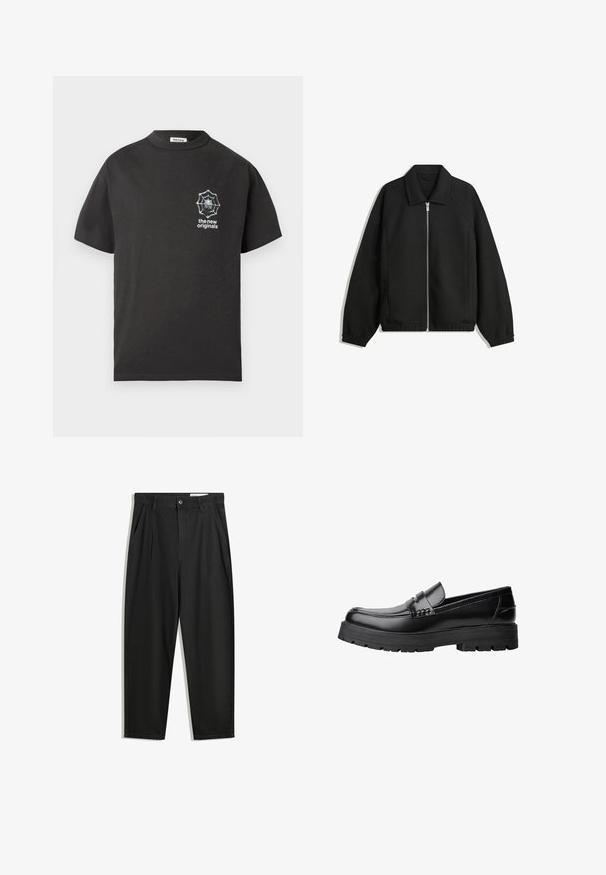 Černá bunda vyrobená z texturované látky, s plným předním zipem, límcem a elastickými manžetami, s volným střihem a bočními kapsami.; Černé bavlněné tričko s kulatým výstřihem a krátkým rukávem. Na levé části hrudi je bílé grafické zobrazení pavučiny. Jednoduchý a ležérní design.; Černé bavlněné kalhoty s uvolněným střihem, klasickým pasem, předními záhyby a bočními kapsami. Hladká textura bez vzorů.; Černé kožené mokasíny s masivní podrážkou a dekoračním páskem přes horní část, zobrazené v levém bočním profilu na bílém pozadí.