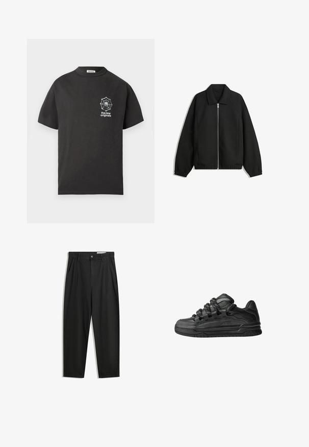 Musta takki, joka on valmistettu teksturoidusta kankaasta ja jossa on koko etuvetoketju, kaulus ja joustavat hihansuut. Takissa on rento istuvuus ja sivutaskut.; Mustan puuvillapaita, jossa on pyöreä kaula-aukko ja lyhyet hihat. Vasemmassa rinnassa valkoinen hämähäkinseittigrafiikka. Yksinkertainen ja rento muotoilu.; Mustat puuvillahousut rentoa mallia, joissa on klassinen vyötärö, etukangastukset ja sivutaskut. Sileä pinta ilman kuvioita.; Mustat tennarit, joissa on sileä nahkapinta, teksturoituja yksityiskohtia ja pyöreät musta-valkoiset nauhat. Paksu kumipohja, jossa on kuvioitu pinta.