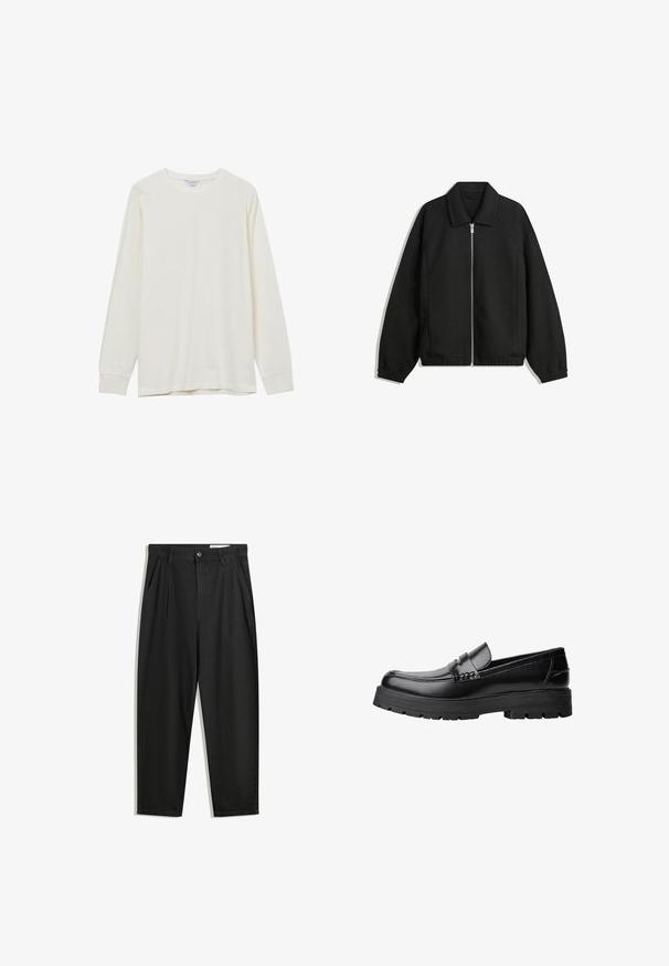 Giacca nera in tessuto texturizzato, con zip frontale a tutta lunghezza, colletto e polsini elasticizzati, dalla vestibilità rilassata e con tasche laterali.; Maglietta a maniche lunghe, a girocollo, realizzata in morbido tessuto off-white testurizzato, caratterizzata da una vestibilità ampia e polsini a coste. Nessun logo o motivo visibile.; Pantaloni in cotone neri con una vestibilità rilassata, dotati di una vita classica, pieghe frontali e tasche laterali. Tessuto liscio senza fantasie.; Mocassino in pelle nera con suola spessa e tassellata e fascia decorativa sulla parte superiore, mostrato in profilo sinistro su sfondo bianco.