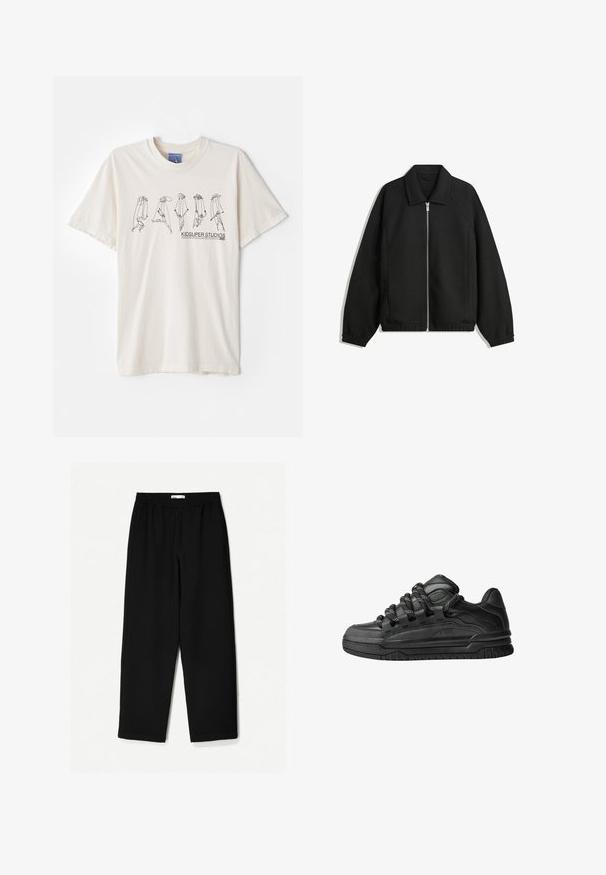 Fekete kabát texturált anyagból, teljes elöl cipzárral, gallérral és rugalmas mandzsettákkal, laza szabással és oldalsó zsebekkel.; Krém színű pamut póló rövid ujjakkal, középen fekete absztrakt mintával és a "KIDSUPER STUDIOS" felirattal.; Fekete, bő szárú nadrág könnyű anyagból. Rugalmas derékrésszel és sima felülettel rendelkezik. Nincsenek látható minták vagy hardverelemek.; Fekete sportcipők sima bőrből készült felső résszel, struktúrált kiegészítőkkel, valamint kerek fekete és fehér fűzőkkel. Vastag gumitalp mintázott bordázattal.