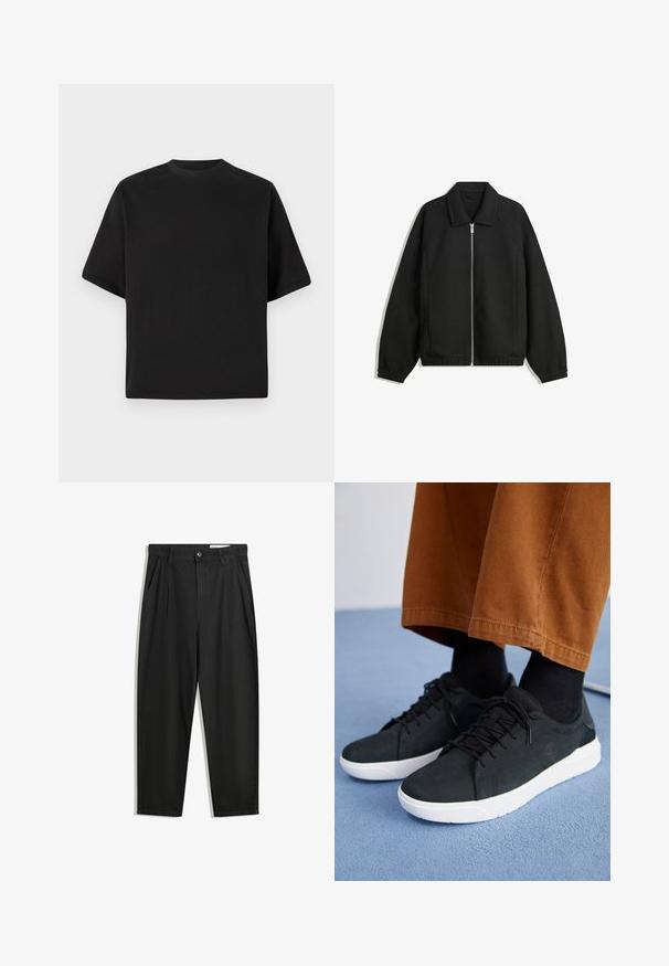 Zwarte jas van textuurstof, met een volledige rits aan de voorkant, een kraag, elastische manchetten, een ontspannen pasvorm en zijzakken.; Zwarte T-shirt met korte mouwen in een losse pasvorm, gemaakt van zachte katoen, met een ronde halslijn en een minimalistisch ontwerp.; Zwarte katoenen broeken met een losse pasvorm, voorzien van een klassieke tailleband, voorplooien en zijzakken. Gladde structuur zonder patronen.; Zwarte suède sneakers met witte rubberen zolen, voorzien van een vetersluiting ontwerp, textuuraccenten en subtiele branding, gedragen met bruine broeken.