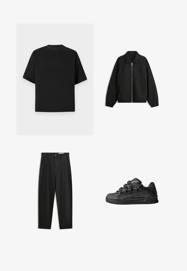Black jacket made of textured fabric, featuring a full front zip, collar, and elastic cuffs with a relaxed fit and side pockets.; Black short-sleeve T-shirt in a loose fit, made of smooth cotton, featuring a round neckline and minimalistic design.; Black cotton trousers with a relaxed fit, featuring a classic waistband, front pleats, and side pockets. Smooth texture without patterns.; Black sneakers with a smooth leather upper, textured accents, and round black and white laces. Thick rubber sole with a patterned tread.
