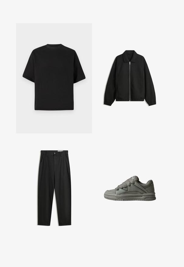 Black jacket made of textured fabric, featuring a full front zip, collar, and elastic cuffs with a relaxed fit and side pockets.; Black short-sleeve T-shirt in a loose fit, made of smooth cotton, featuring a round neckline and minimalistic design.; Black cotton trousers with a relaxed fit, featuring a classic waistband, front pleats, and side pockets. Smooth texture without patterns.; Gray athletic shoe with textured leather and mesh upper, thick rubber sole, and prominent padded tongue and sides. Laces and side accents included.