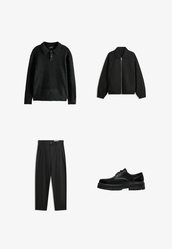 Jachetă neagră dintr-un material texturat, cu fermoar frontal complet, guler și manșete elastice, având o croială lejeră și buzunare laterale.; Pulover negru, texturat, cu guler, clapetă cu trei nasturi și mâneci lungi. Fabricat dintr-un material moale, pufoasă.; Pantaloni negri din bumbac cu croială lejeră, având un brâu clasic, plii frontale și buzunare laterale. Textură netedă fără modele.; Pantofii din piele neagră, cu șireturi, au vârful rotunjit, un finisaj texturat și o talpă groasă din cauciuc, cu un profil adânc pentru aderență.
