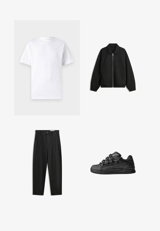 Črna jakna iz teksturirane tkanine, z dvostranskim zadrgo spredaj, ovratnikom in elastičnimi manšeti, sproščenega kroja in stranskimi žepi.; Bela majica s kratkimi rokavi iz bombaža z okroglim izrezom, ki ima gladko teksturo in preprost dizajn brez vzorcev ali poudarkov.; Črne bombažne hlače s sproščenim krojem, ki vključujejo klasičen pas, sprednje gube in stranske žepke. Gladka tekstura brez vzorcev.; Črne superge z gladkim usnjenim zgornjim delom, teksturiranimi detajli in okroglimi črnimi ter belimi vezalkami. Debel gumijast podplat z vzorčastim profilom.