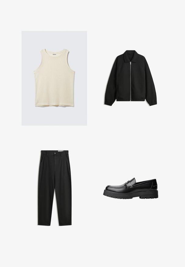 Jachetă neagră dintr-un material texturat, cu fermoar frontal complet, guler și manșete elastice, având o croială lejeră și buzunare laterale.; Top de tip tank ribbed de culoare crem, cu decolteu rotund și bretele late. Textură moale cu un design simplu. Eticheta spune "WEEKDAY."; Pantaloni negri din bumbac cu croială lejeră, având un brâu clasic, plii frontale și buzunare laterale. Textură netedă fără modele.; Mocasini din piele neagră, cu talpă groasă și profilată și bandă decorativă pe partea superioară, prezentati din profil stâng pe fundal alb.