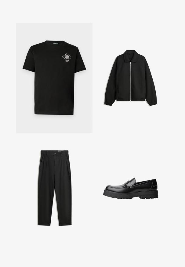 Jachetă neagră dintr-un material texturat, cu fermoar frontal complet, guler și manșete elastice, având o croială lejeră și buzunare laterale.; Tricou negru din bumbac cu decolteu rotund, având o aplică logo albă în formă de diamant pe partea stângă a pieptului. Mâneci scurte, textură netedă.; Pantaloni negri din bumbac cu croială lejeră, având un brâu clasic, plii frontale și buzunare laterale. Textură netedă fără modele.; Mocasini din piele neagră, cu talpă groasă și profilată și bandă decorativă pe partea superioară, prezentati din profil stâng pe fundal alb.